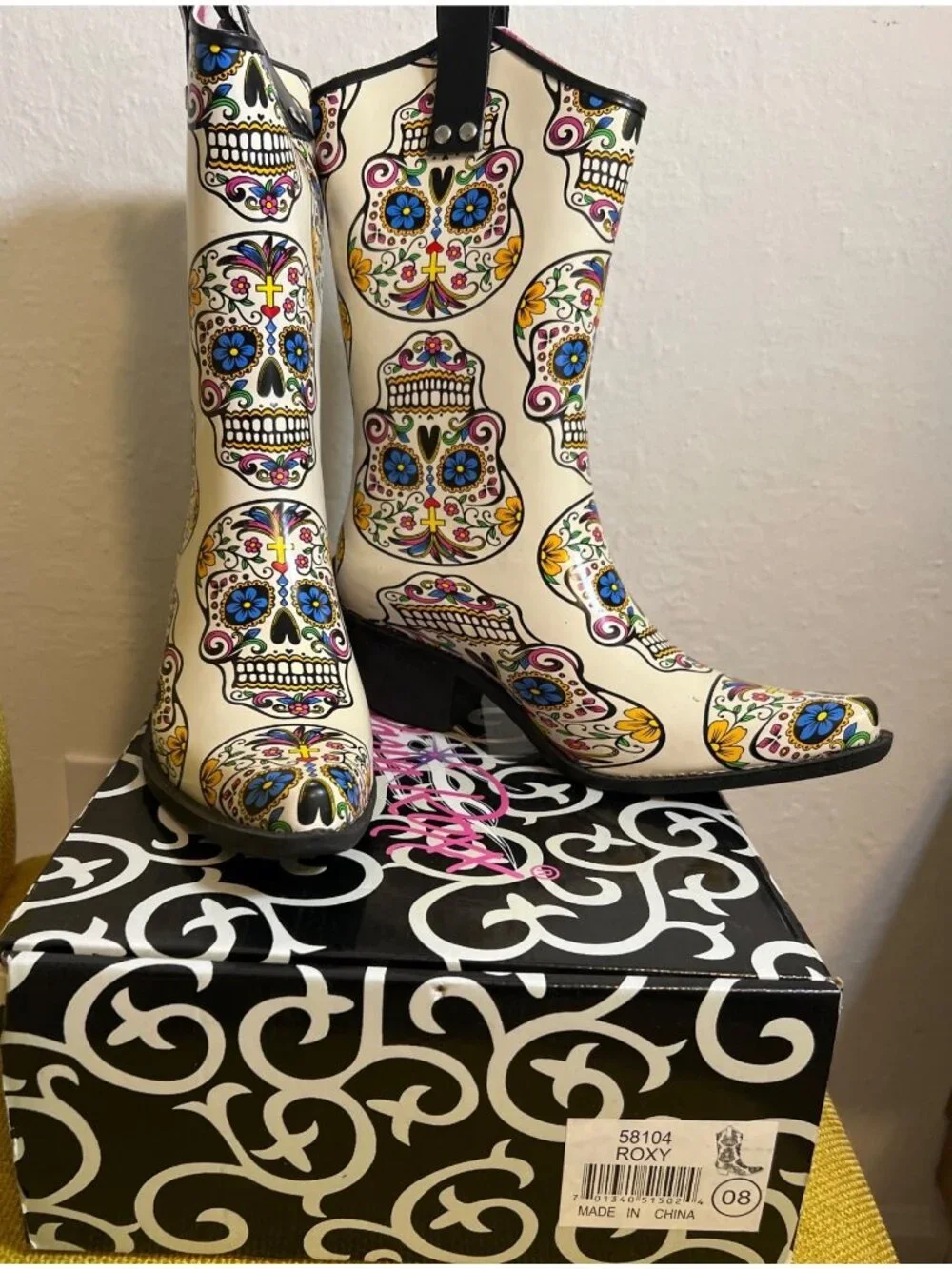 Blazin Roxx Roxy Sugar Skull Western Rain Boots Cream Size 8